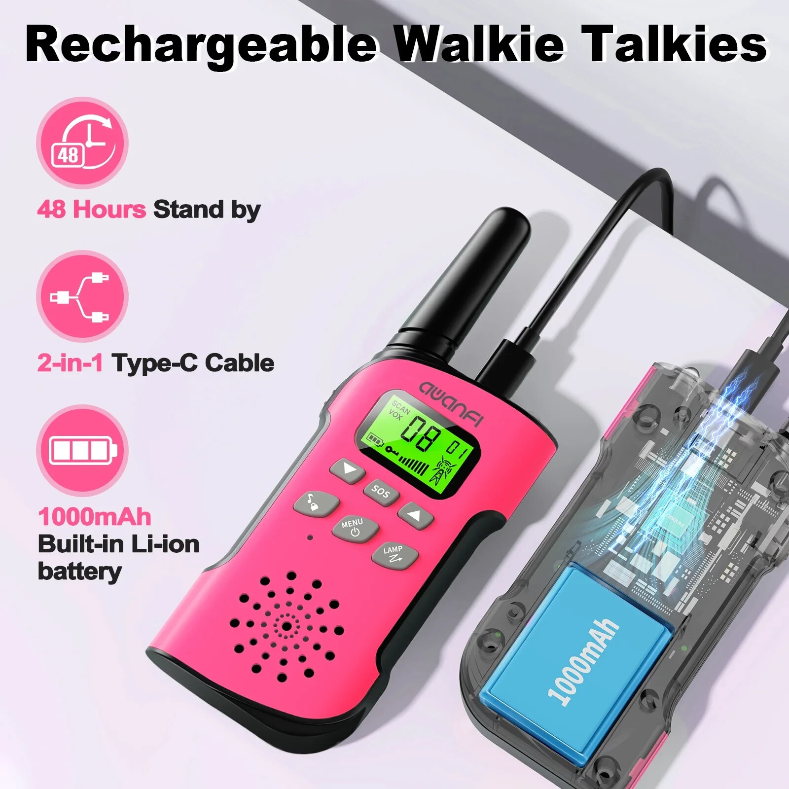 Rechargeable 2 Pack Walkie Talkies for Kids Long Range 22 Channels 2 Way Radio