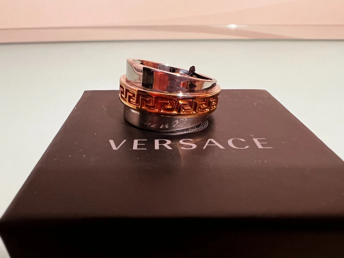 NWT Authentic VERSACE Two Tone Silver Gold Greek Key Men s Ring sz