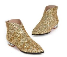 Elegant Womens Sequins Ankle Boots Pointed Toe Back Zip Party Casual Dress Shoes