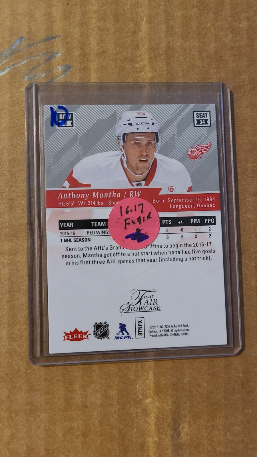 FILA 2016 17 Flair Showcase Rookie Row 0 Seat 34 Anthony Mantha Red Wings Capitals