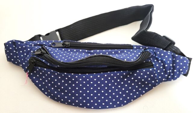 NEW Blue polka dot fabric bum bag fanny pack summer adults zip buckle belt money NEW Blue polka dot fabric bum bag fanny pack summer adults zip buckle belt money