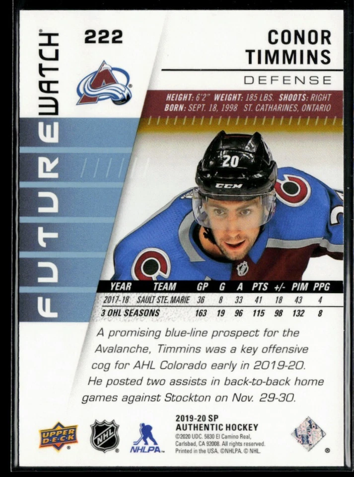 2019-20 SP Authentic Conor Timmins RC 474/999 #222 - Image 2 of 2