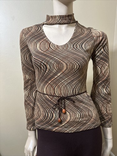 Women’s Brown Striped Polyester Casual Stretch Slim Suede Belted Size M Blouse