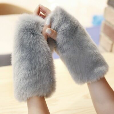 Women Fingerless Gloves Winter Faux Rabbit Fur Mittens Furry Fluffy Warm Outdoor