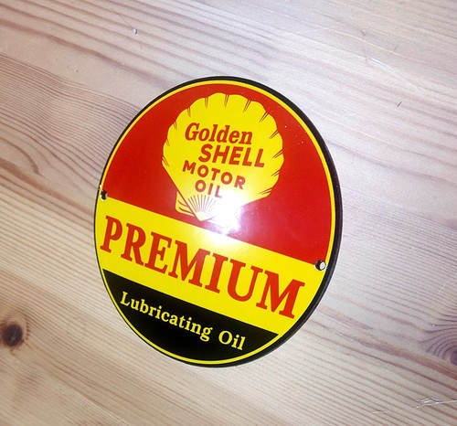 Golden SHELL PREMIUM MOTOR OIL Emailschild MAKELLOS Werkstatt Garage Schild 12cm - Bild 5 von 5