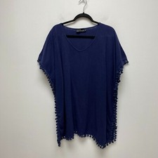 Pomander Place Womens Blue Ramie Tuckernuck Tassel Trim Kimono Swim Cover Up XL