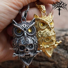 Viking Gothic Luck Bird Owl Pendant Necklace For Men Silver Stainless Steel
