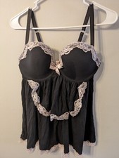 Victoria's Secret Babydoll Slip Black With Pink Lace Trim Bow Back Excellent 36D