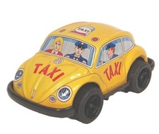 Tin Toy VW Volkswagon Beetle Taxi Friction Drive Is Worn Vintage Yellow Japan