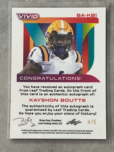 2023 Leaf Vivid Kayshon Boutte Rookie RC Black Refractor Auto /5 #BA-KB1 LSU - Picture 2 of 2