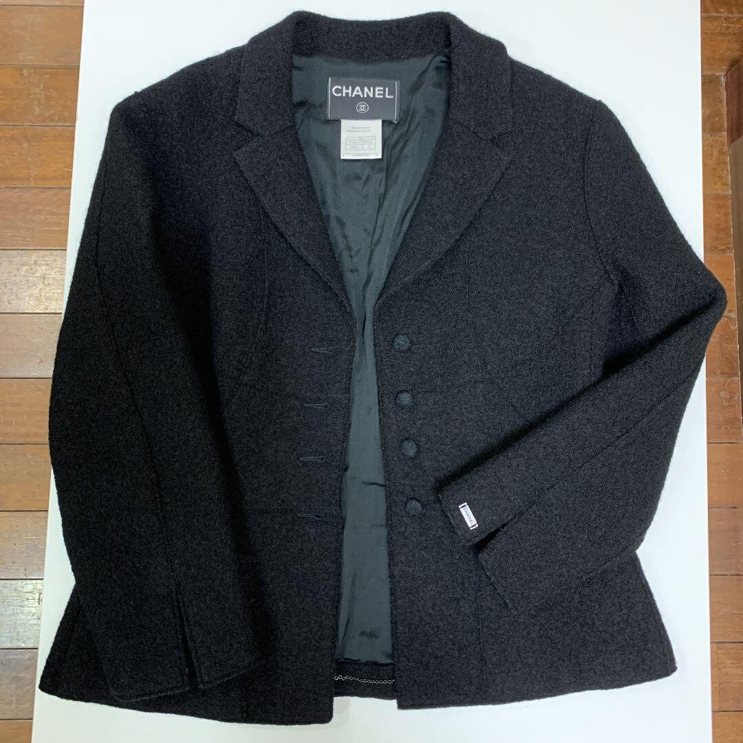 CHANEL Tailored Jacket Black Covered Buttons Logo Plate Size 38  
