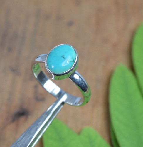 Bague Fine En Argent 925 Massif Sertie D'une Turquoise Bleue, Occasion