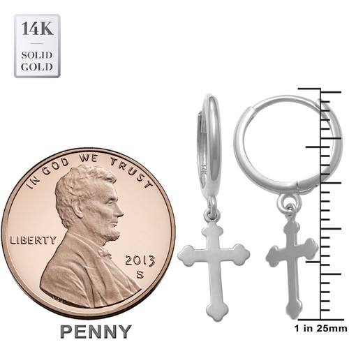 Pendientes de aro de gota cruzada de oro liso real 14K pendientes colgantes de aro abrazadera - Imagen 8 de 8