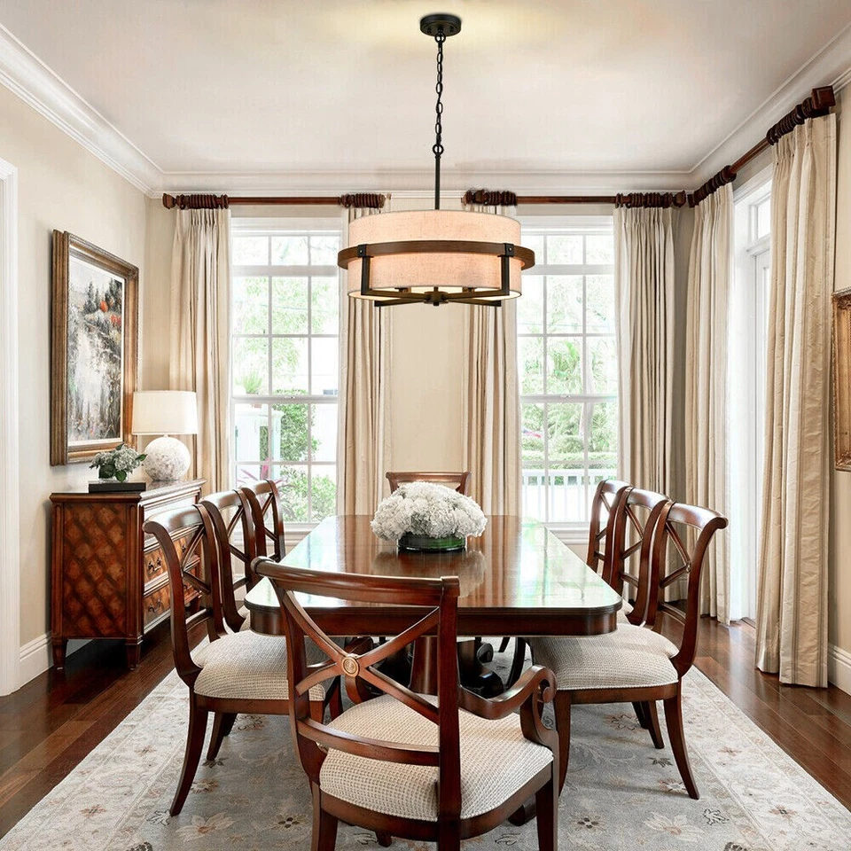 Rustic Drum Chandelier 4-Light Dining Room Chandelier Off-White Fabric Shade - Image 3 of 4