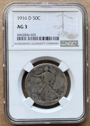 1916 D 50C NGC AG 3 1916-D WALKING LIBERTY HALF DOLLAR SILVER 50c