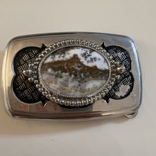 Western Belt Buckle Cowboys Cowgirls Autumn Lace Agate Mount Vtg 80s