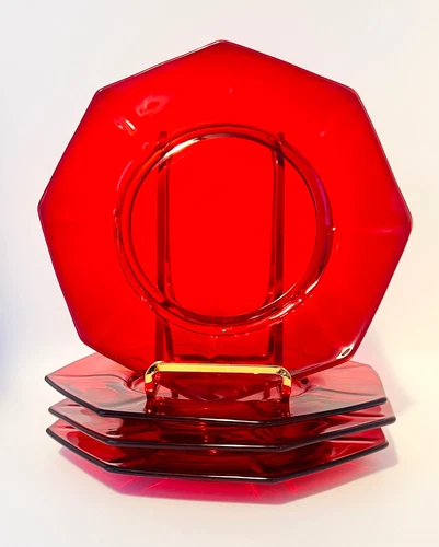 Set of 4 Molly Ruby Red 7.75” Salad/Desert Plates Art Deco Depression Glass Nice