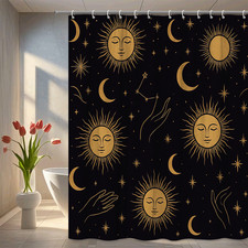 Black and Gold Sun and Moon Shower Curtain, Cosmic Design