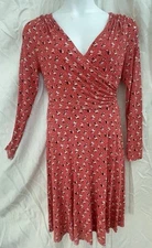 BODEN red Print V Neck V Back Draped Ruched Stretch Knit L/S Fit n Flare 10/R