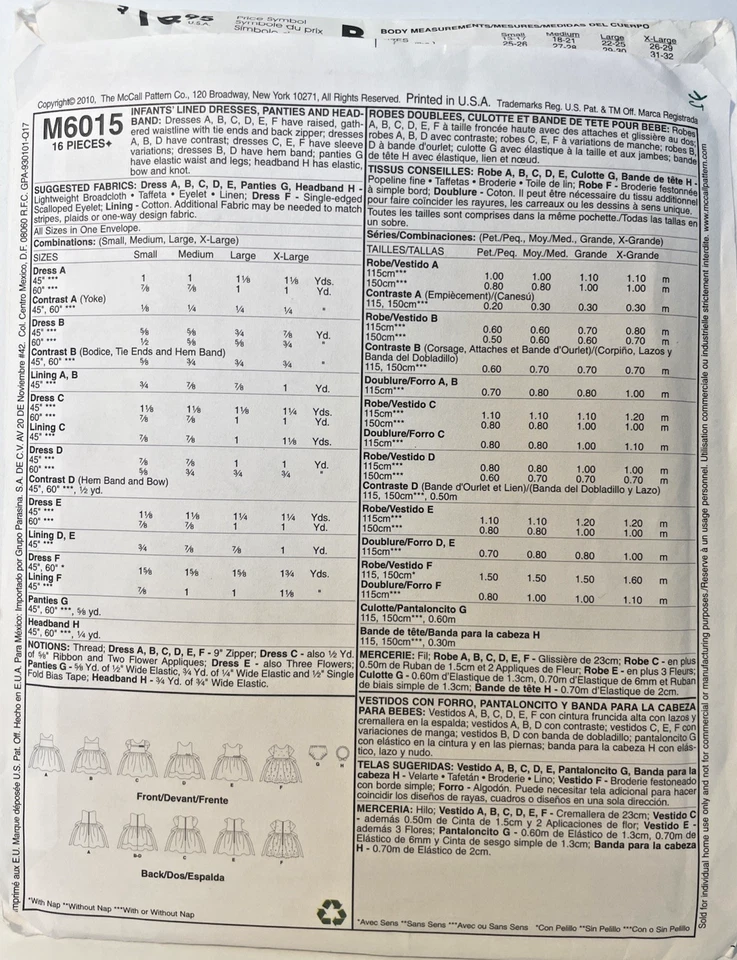 Sewing Pattern #M6015 Infant Dress, Panties, & Headband Size OSZ Uncut - Image 3 of 3