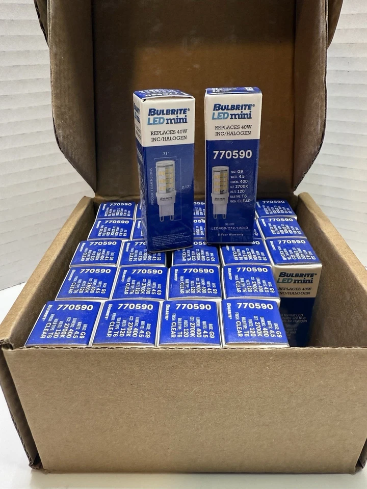 25 Pack- Bulbrite 770590 LED Mini Bulb 4.5W=40W 120V T4 2-Pin G9 Base Clear 27K - Image 2 of 4