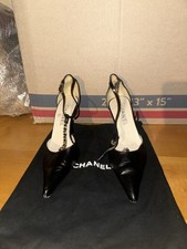 Vintage CHANEL Black Leather Chain Slingback Heels Pumps EU 36 Late 90s France