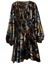 SHEIN  Plus Allover Print V-neck Blouson Sleeve Belted Dress Size 2XL
