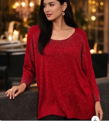 Vicki Mikem 3X Red Beaded Embellished Knit Tunic Top Party Holiday Cocktail