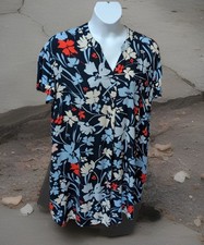 Time & Tru Blue Floral Trapeze Dress Pockets V-neck Short Slv Rayon Sz XL 16-18