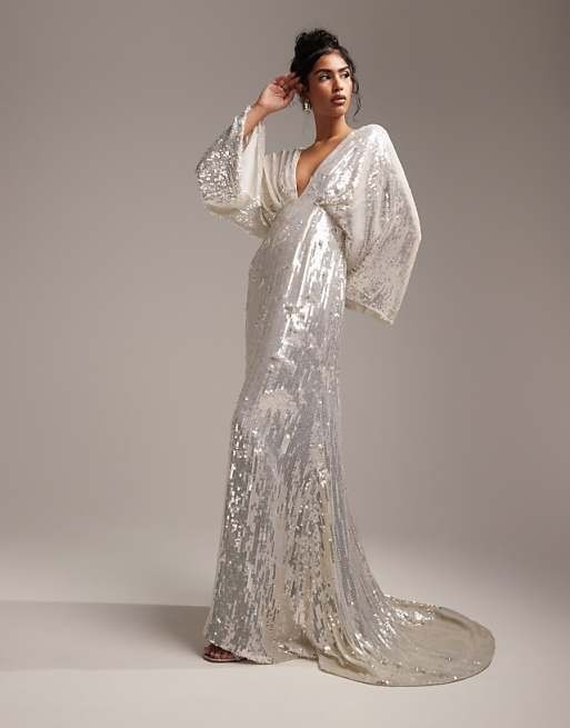 ASOS DESIGN Harriet sequin plunge kimono sleeve wedding dress UK6 EU34 | eBay ASOS DESIGN Harriet sequin plunge kimono sleeve wedding dress UK6 EU34 | eBay