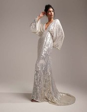 ASOS DESIGN Harriet sequin plunge kimono sleeve wedding dress UK6 EU34
