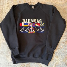Vintage 90s Bahamas Sweatshirt Sz XL Nautical Puffy Graphic Black Crewneck Flags