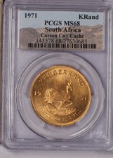 1971 South Africa Gold Krugerrand 1 oz. Carson City Cache PCGS MS68. Pop 1!