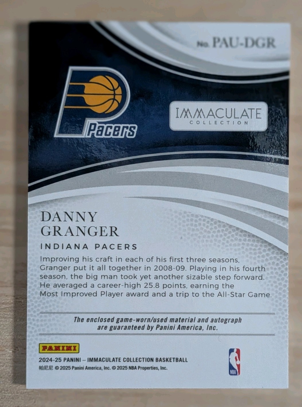 2024-25 Panini Immaculate Danny Granger On-Card Auto Game Worn Patch /99 Pacers view 8