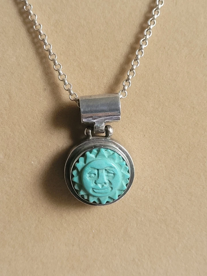 COLLAR BELCHER COLGANTE SOL TURQUESA Y PLATA ESTERLINA VINTAGE Foto 2 de 3