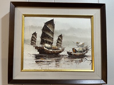 P. Wong Chinese Fishing Boats Oil On Canvas Nautical Framed