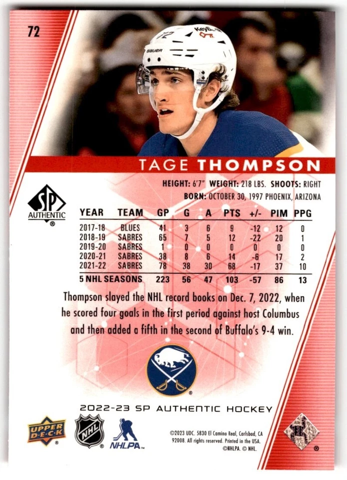 Tage Thompson 2022-23 SP Authentic Limited Red #72 Buffalo Sabres - Image 2 of 2