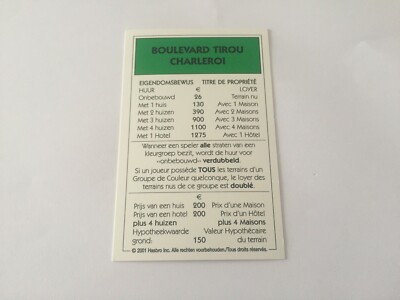 MONOPOLY KARTE 2001 FRANZÖSISCH NIEDERLÄNDISCH EIGENTUM BOULEVARD TIROU CHARLEROI