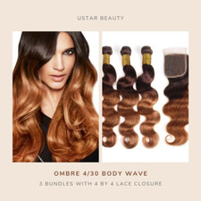 100 Human Hair Ombre 4/30 Body Wave 3 Bundles with free part 4 4 Lace Closure