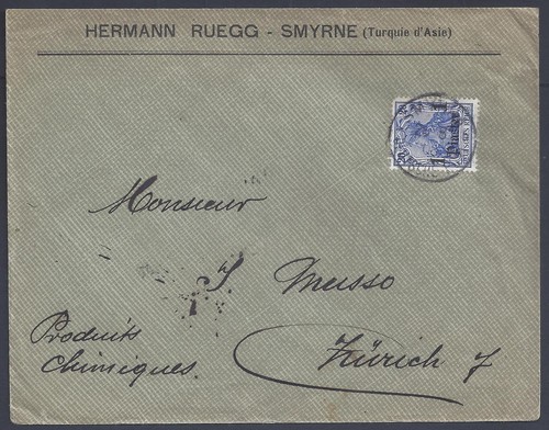 DEUTSCHLAND 1908 AMTE IN DER TÜRKEI SMYRNE DEUTSCHE STEMPEL AUF 1PIASTER NACH ZÜRICH SCHWEIZ
