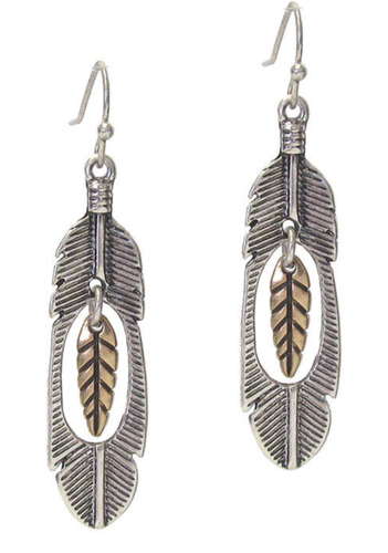 Rustic Double Feather Dangle Drop Earrings Silver/Copper - Picture 2 of 5