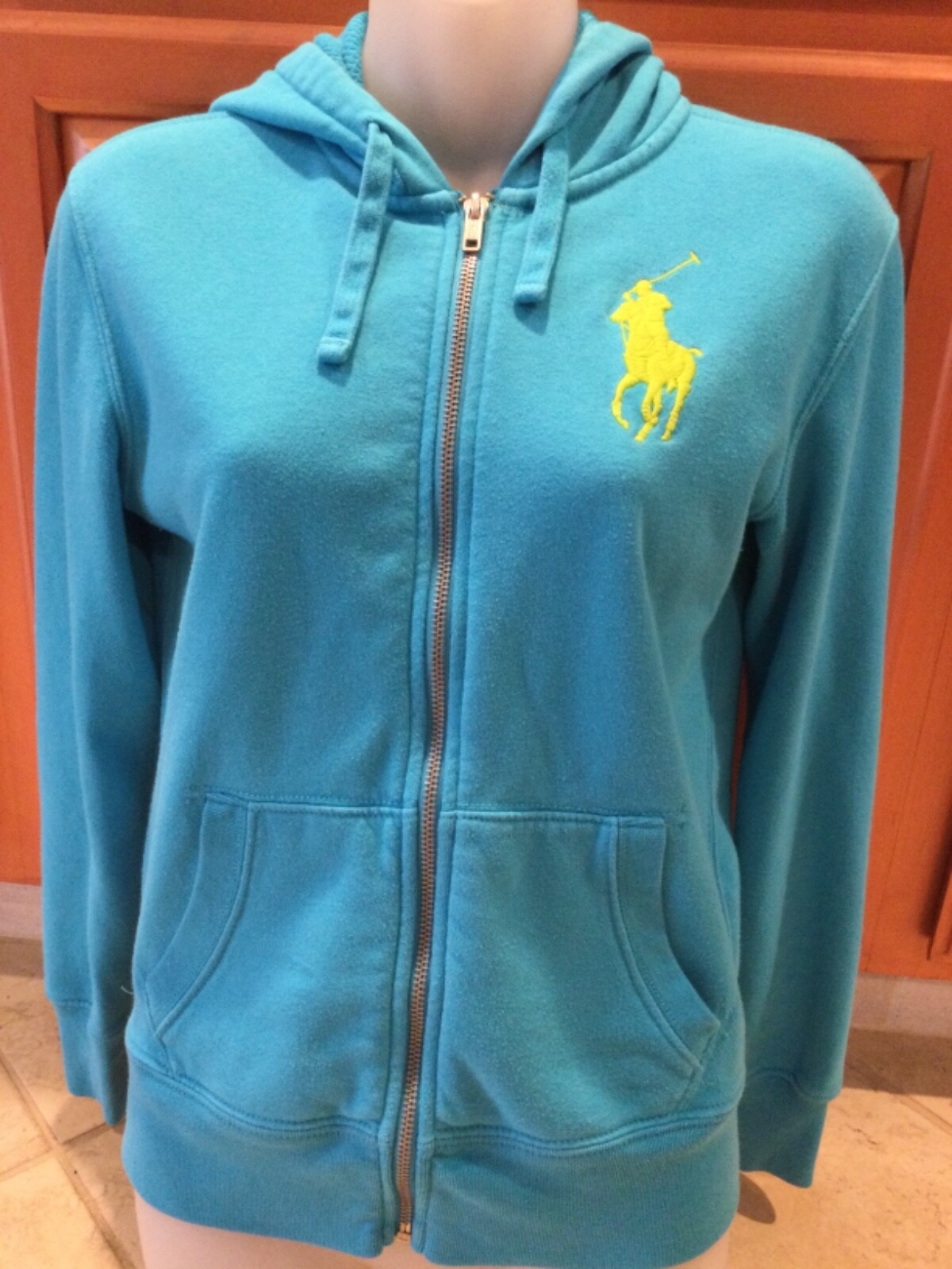 Felpa con cappuccio e zip intera Ralph Lauren blu turchese Big Pony usata in ottime condizioni S P