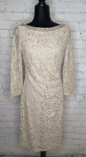 Jessica Howard Women's Lace Overlay Beaded/Glitter Ruched Beige Dress Size 12