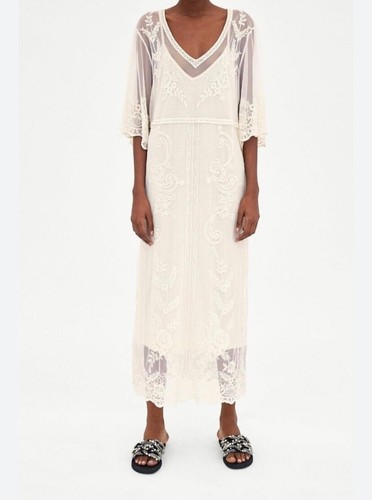 ZARA Embroidered Net Dress Lace Guipure Cream Vintage Style Wedding Size S - Picture 12 of 12