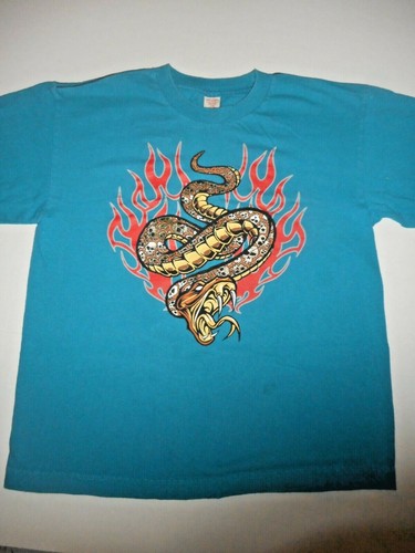 CRB boy short sleeve blue t-shirt w/silver foil skulls & brown/yellow snake Sz L - Picture 2 of 10