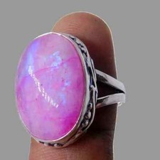 PINK RAINBOW MOONSTONE NATURAL GEMSTONE 925 SOLID STERLING SILVER JEWELRY RING