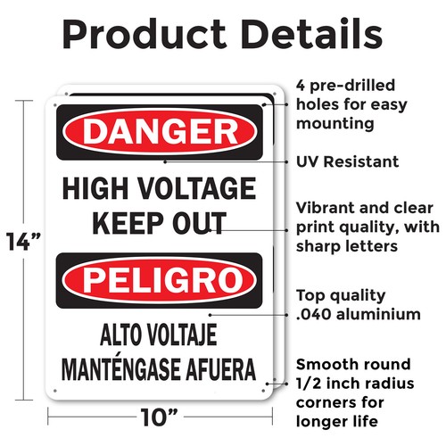 (2 Pack) High Voltage Keep Out (Bilingual) OSHA Danger Sign Decal Metal Plastic - Imagen 2 de 23