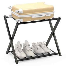Luggage Rack Folding Suitcase Stand with Storage Shelf-Black