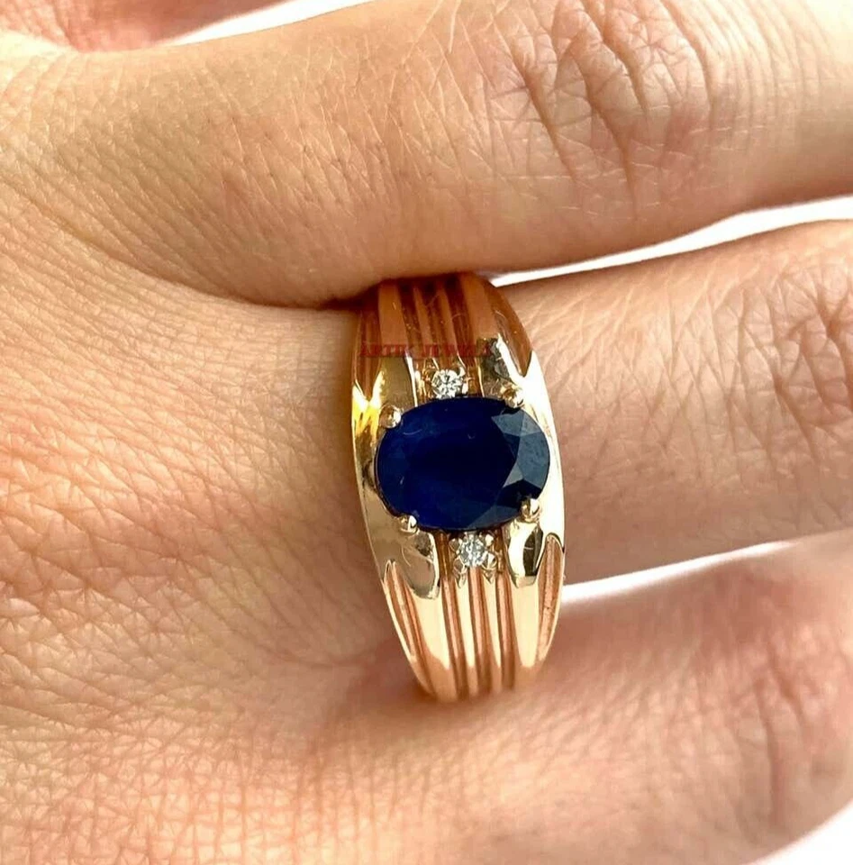 Heizbar Blau Saphir Edelstein Mit 14K Rose Vergoldet Silber Ring für Herren #3