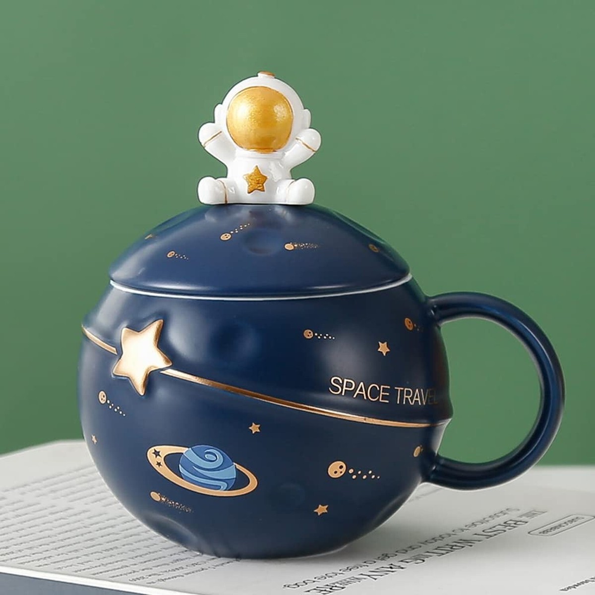 YTZW 2021 New Cute Astronaut Mug, Planet Astronaut Mug, Planet Mug con Coperchio Cucchiaio, Tazze in Ceramica, Tazza da caffè in Ceramica Divertente Tazza (Blue